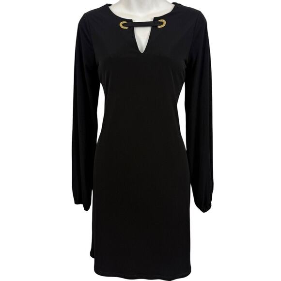 Michael Kors Black Jersey Knit Mini V-Neck Stretch Long Sleeve Dress NWT sz M - Picture 1 of 16